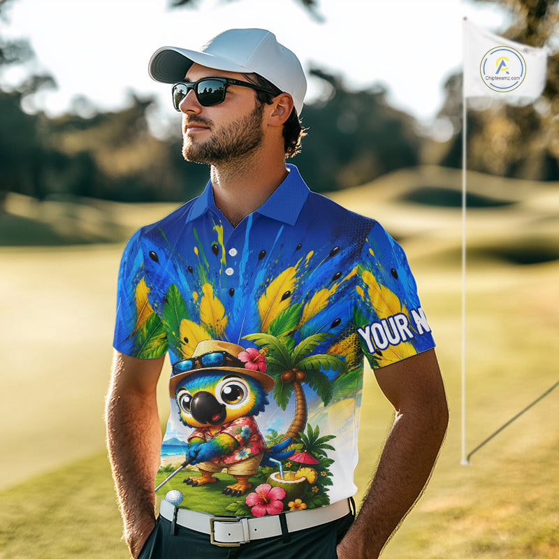 Funny Hawaiian Bird Golf Jersey, Personalized Tropical Parrot Mens Golf Polo Shirt NHT1190
