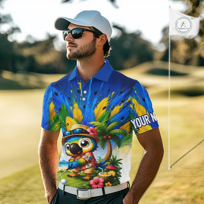 Funny Hawaiian Bird Golf Jersey, Personalized Tropical Parrot Mens Golf Polo Shirt NHT1190