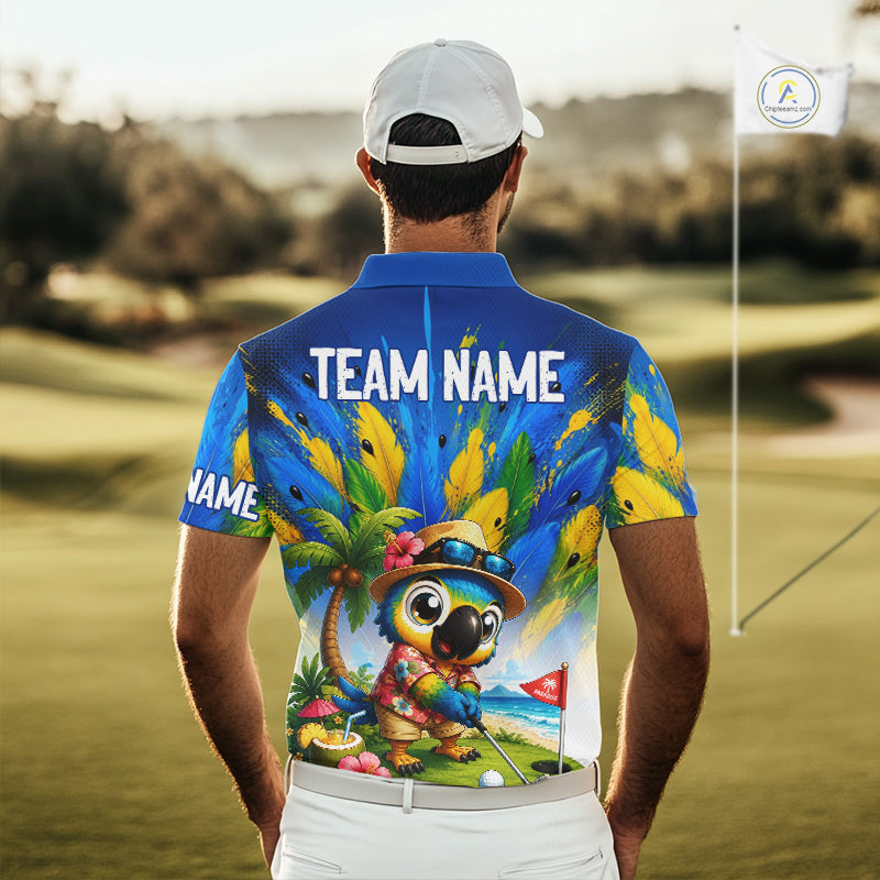 Funny Hawaiian Bird Golf Jersey, Personalized Tropical Parrot Mens Golf Polo Shirt NHT1190