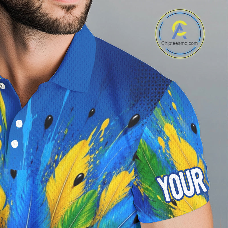 Close up of funny Hawaiian bird golf jersey, custom name area, breathable polyester fabric.
