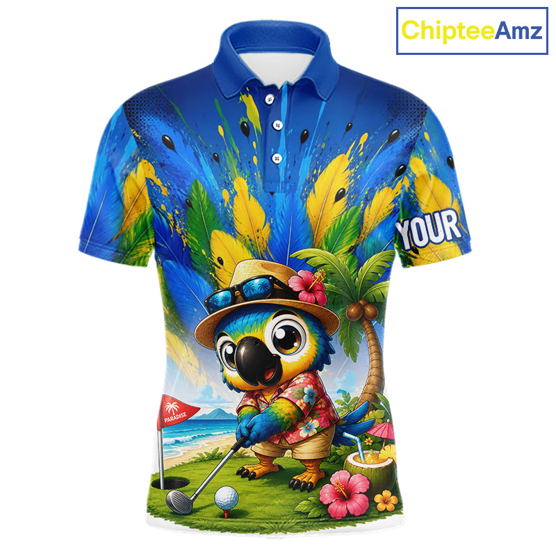Funny Hawaiian bird golf jersey, personalized tropical parrot mens golf polo shirt, front view.
