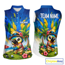 Load image into Gallery viewer, Womens sleeveless golf polo shirt with tropical parrot print, personalized name and team, Hawaiian bird golf jersey.
