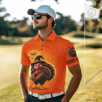 Halloween Turkey Men Golf Polo Shirt, Custom Name Thanksgiving Golf Team Shirt NHT1335