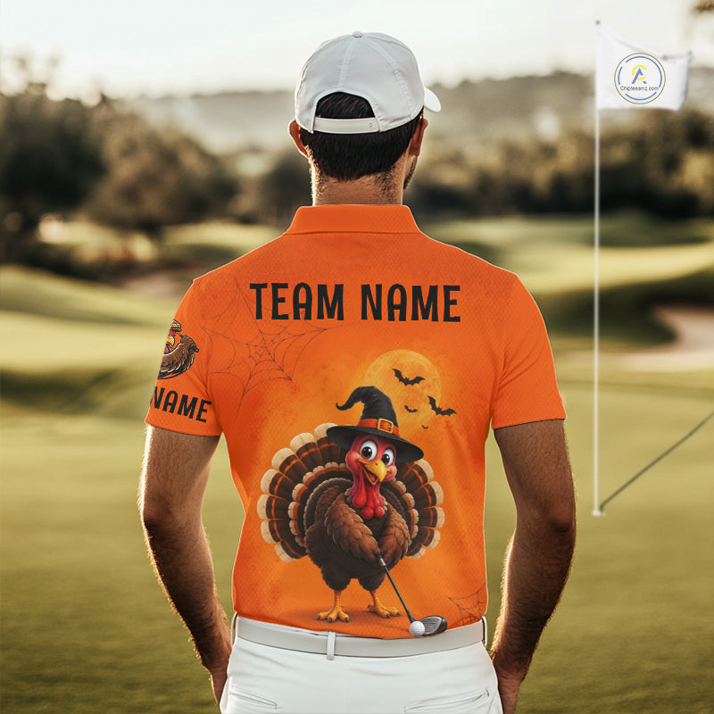 Halloween Turkey Men Golf Polo Shirt, Custom Name Thanksgiving Golf Team Shirt NHT1335