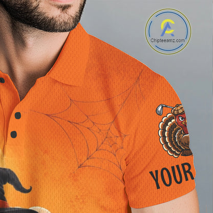 Halloween Turkey Men Golf Polo Shirt, Custom Name Thanksgiving Golf Team Shirt NHT1335