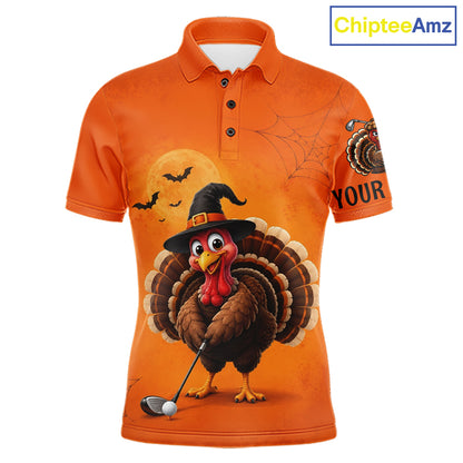 Halloween Turkey Men Golf Polo Shirt, Custom Name Thanksgiving Golf Team Shirt NHT1335