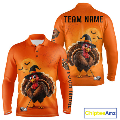 Halloween Turkey Men Golf Polo Shirt, Custom Name Thanksgiving Golf Team Shirt NHT1335