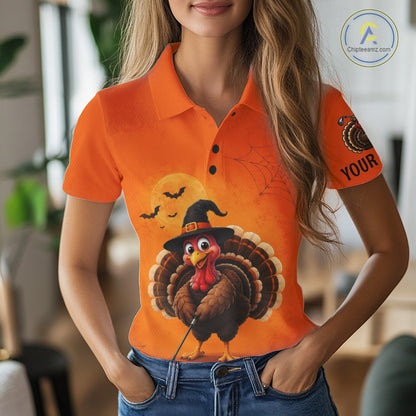 Halloween Turkey Women Golf Polo Shirt, Custom Name Thanksgiving Golf Team Shirt NHT1335