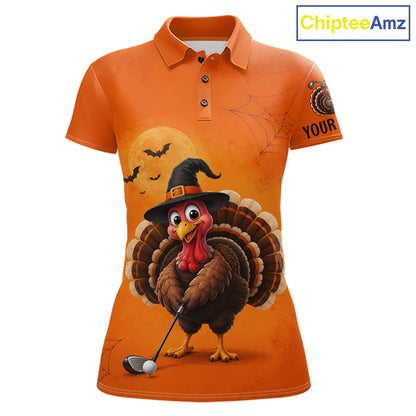 Halloween Turkey Women Golf Polo Shirt, Custom Name Thanksgiving Golf Team Shirt NHT1335
