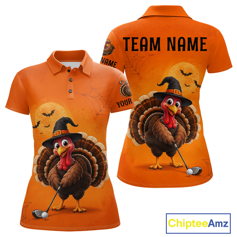 Halloween Turkey Women Golf Polo Shirt, Custom Name Thanksgiving Golf Team Shirt NHT1335