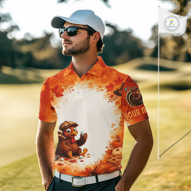 Thanksgiving Turkey Men Golf Polo Shirt Custom Name, Personalized Fall Golf Tops NHT1336