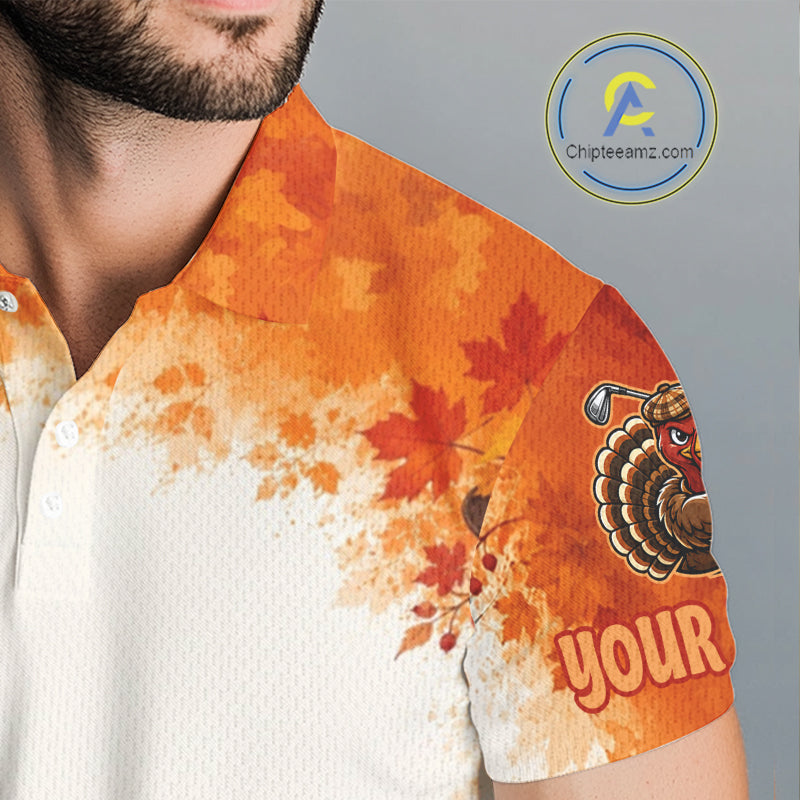 Thanksgiving Turkey Men Golf Polo Shirt Custom Name, Personalized Fall Golf Tops NHT1336