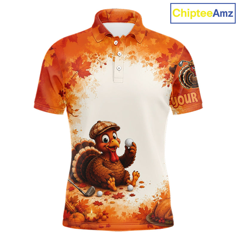 Thanksgiving Turkey Men Golf Polo Shirt Custom Name, Personalized Fall Golf Tops NHT1336