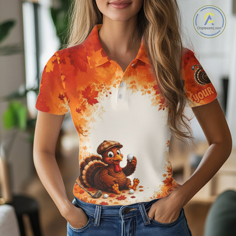 Thanksgiving Turkey Women Golf Polo Shirt Custom Name, Personalized Fall Golf Tops NHT1336