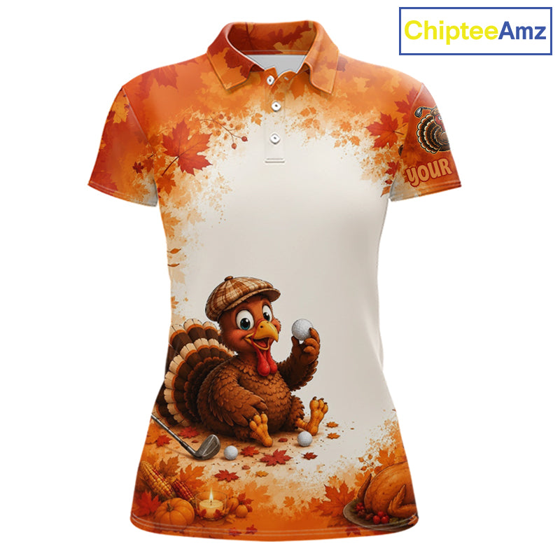Thanksgiving Turkey Women Golf Polo Shirt Custom Name, Personalized Fall Golf Tops NHT1336