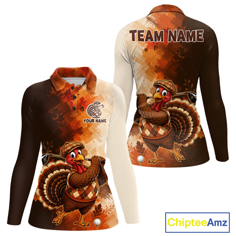 Personalized Vintage Autumn Women Golf Tops, Thanksgiving Turkey Golf Polo Shirt Custom Name NHT1338