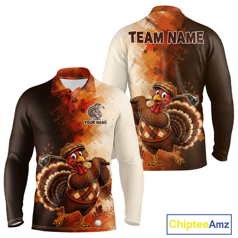 Personalized Vintage Autumn Men Golf Tops, Thanksgiving Turkey Golf Polo Shirt Custom Name NHT1338