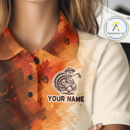Personalized Vintage Autumn Women Golf Tops, Thanksgiving Turkey Golf Polo Shirt Custom Name NHT1338