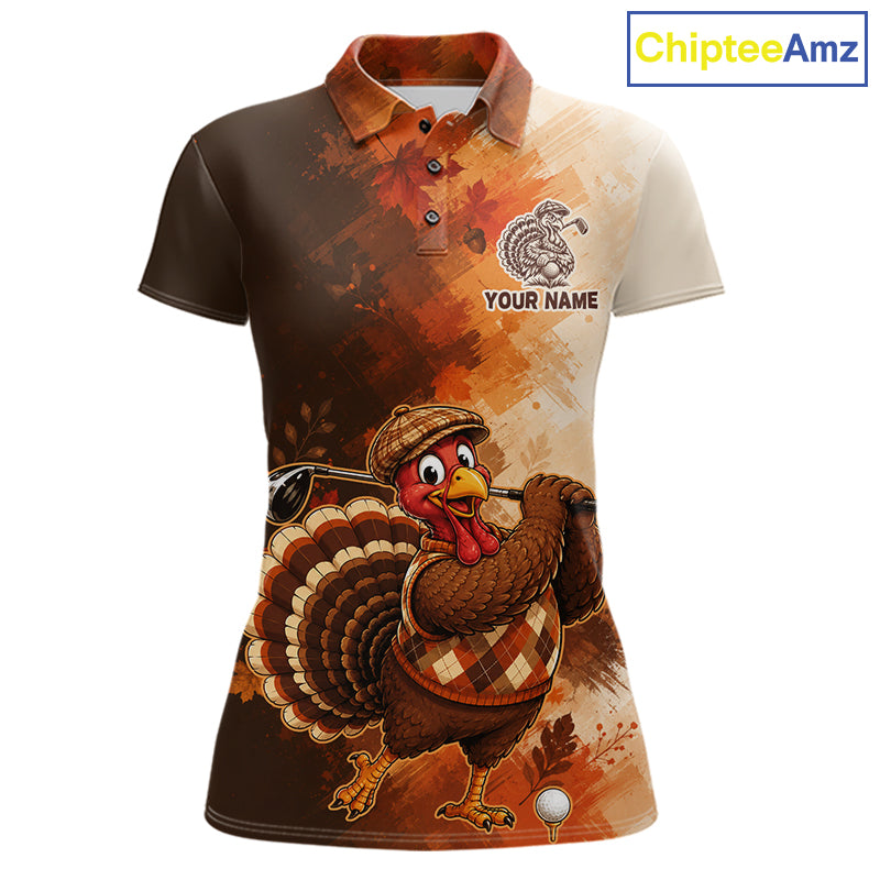 Personalized Vintage Autumn Women Golf Tops, Thanksgiving Turkey Golf Polo Shirt Custom Name NHT1338