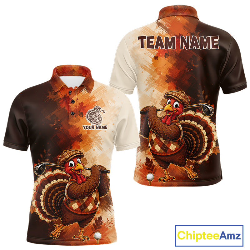 Personalized Vintage Autumn Men Golf Tops, Thanksgiving Turkey Golf Polo Shirt Custom Name NHT1338