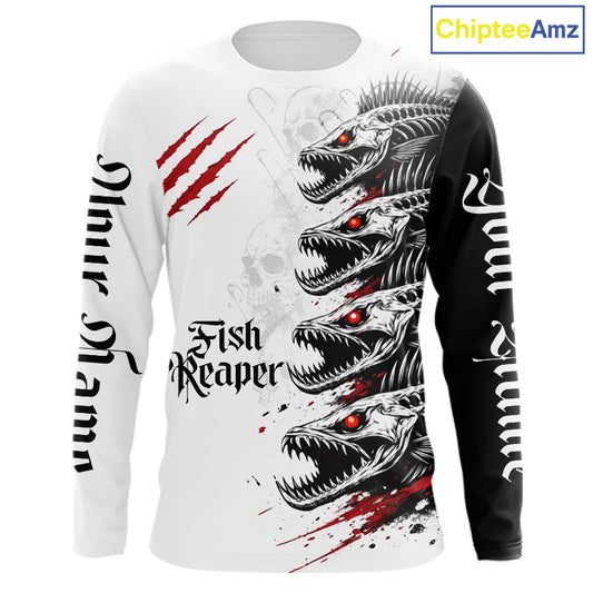 Personalized Fishing Fish Skeleton Fishing Shirts Jerseys, Fish Reaper Skull Fishing Shirts NHT516
