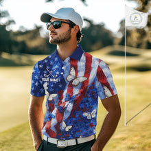 Load image into Gallery viewer, Personalized American Flag Butterfly Golf Polo Shirt – Custom Name Patriotic Team Apparel