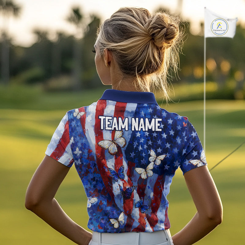Personalized American Flag Butterfly Womens Golf Polo Shirt – Custom Name Patriotic Team Apparel NHT1033