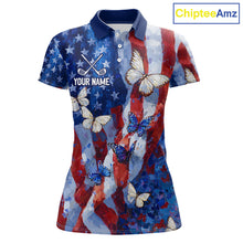 Load image into Gallery viewer, Personalized American Flag Butterfly Womens Golf Polo Shirt – Custom Name Patriotic Team Apparel