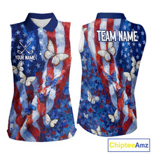 Load image into Gallery viewer, Personalized American Flag Butterfly Womens Sleeveless Golf Polo Shirt – Custom Name Patriotic Team Apparel 
