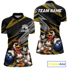 Load image into Gallery viewer, Women's custom cowboy duck bowling quarter zip shirt – yellow front view