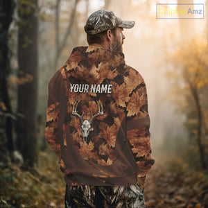 Skull Deer Hunting 3D Brown Camo Autumn Custom Name All Over Print Shirt Hunting Clothes NHT207