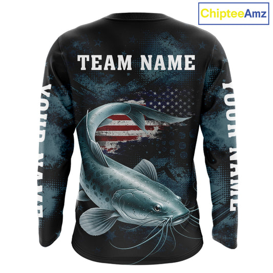 Personalized American Flag Catfish Fishing Shirts Long Sleeve, Patriotic Catfish Fishing  NHT523