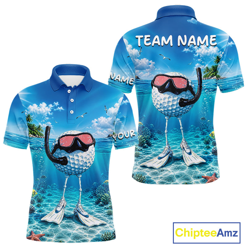 Funny Snorkeling Golf Ball Polo Shirt For Men – Beach Ocean 3D Print, Custom Team Name NHT879