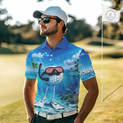 Funny Snorkeling Golf Ball Polo Shirt For Men – Beach Ocean 3D Print, Custom Team Name NHT879