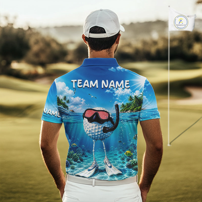 Funny Snorkeling Golf Ball Polo Shirt For Men – Beach Ocean 3D Print, Custom Team Name NHT879
