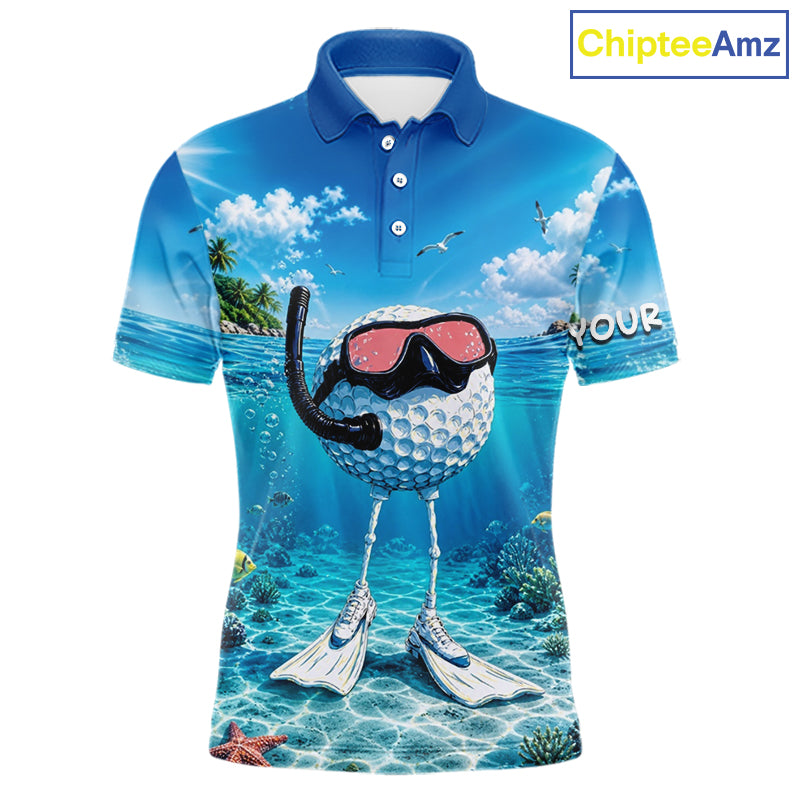 Funny Snorkeling Golf Ball Polo Shirt For Men – Beach Ocean 3D Print, Custom Team Name NHT879