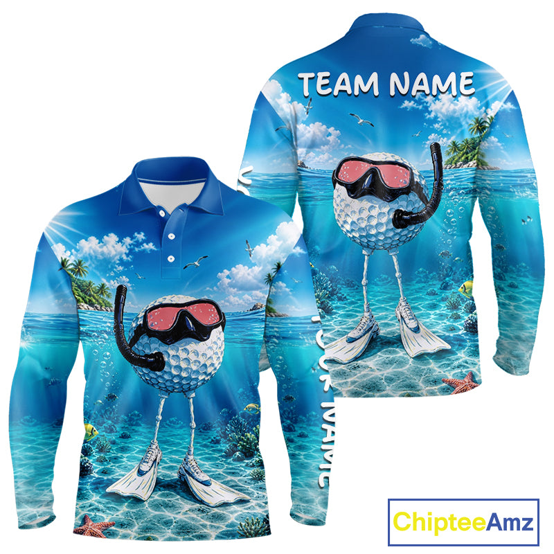 Funny Snorkeling Golf Ball Polo Shirt For Men – Beach Ocean 3D Print, Custom Team Name NHT879