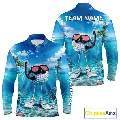 Funny Snorkeling Golf Ball Polo Shirt For Men – Beach Ocean 3D Print, Custom Team Name NHT879