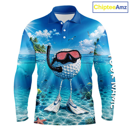 Funny Snorkeling Golf Ball Polo Shirt For Men – Beach Ocean 3D Print, Custom Team Name NHT879