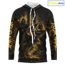 Load image into Gallery viewer, Yellow Grim Reaper Bass Fishing Jersey hooded long sleeve with largemouth bass graphic and performance fit.