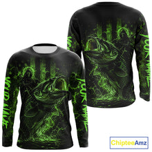 Load image into Gallery viewer, Back view of green bass fishing shirt made from breathable polyester with UPF 30+ sun protection
