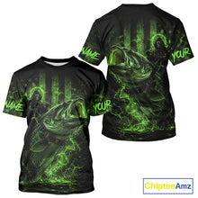 Load image into Gallery viewer, Back view of green bass fishing shirt made from breathable polyester with UPF 30+ sun protection.