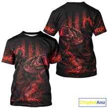 Load image into Gallery viewer, Back view of red bass fishing shirt made from breathable polyester with UPF 30+ sun protection.