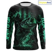 Load image into Gallery viewer, Turquoise Grim Reaper Bass Fishing Jersey long sleeve with largemouth bass graphic and performance fit.
