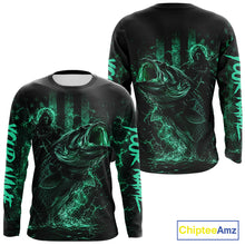 Load image into Gallery viewer, Back view of turquoise bass fishing shirt made from breathable polyester with UPF 30+ sun protection.