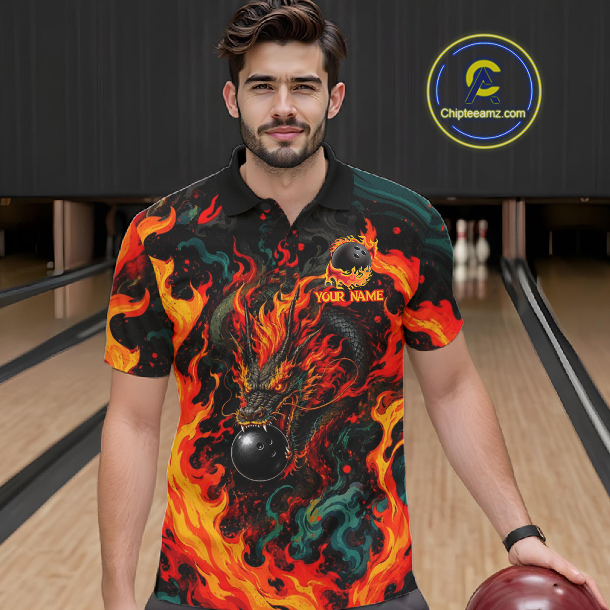 Dragon Bowling Polo Shirt Custom Name Team Fire Dragon Quarter Zip Jersey For Men NHT1348