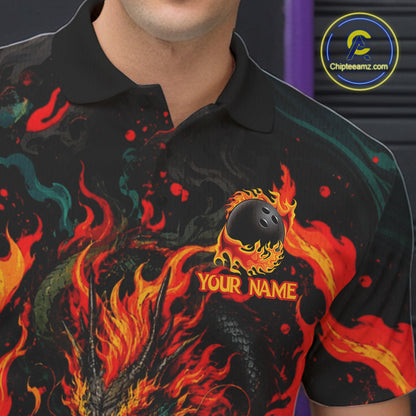 Dragon Bowling Polo Shirt Custom Name Team Fire Dragon Quarter Zip Jersey For Men NHT1348