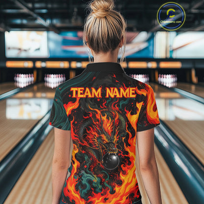 Dragon Bowling Polo Shirt Custom Name Team Fire Dragon Quarter Zip Jersey For Women NHT1348