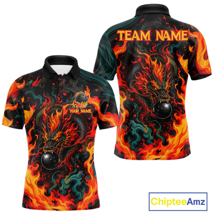 Dragon Bowling Polo Shirt Custom Name Team Fire Dragon Quarter Zip Jersey For Men NHT1348