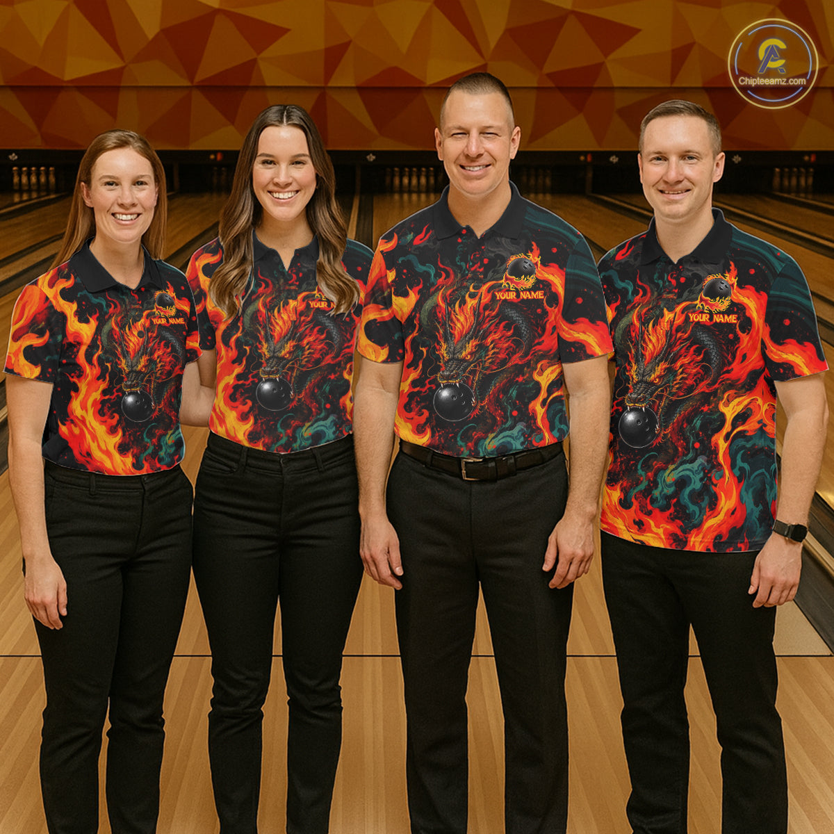 Dragon Bowling Polo Shirt Custom Name Team Fire Dragon Quarter Zip Jersey For Men NHT1348